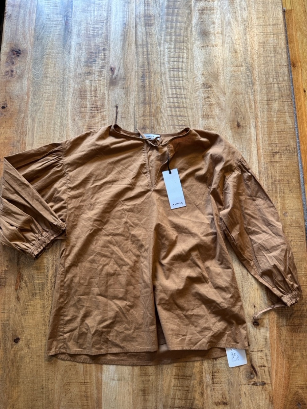 Alpha Studio Long Sleeve Brown Cotton Pullover puff sleeve blouses Top NEW